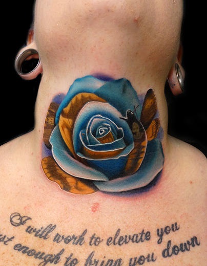 Unique 3D Rose Tattoo On Front Neck