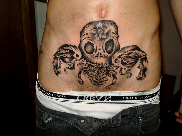Unique Black Ink Skull Tattoo On Stomach