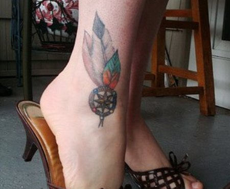 Unique Dreamcatcher With Feathers Tattoo On Right Ankle