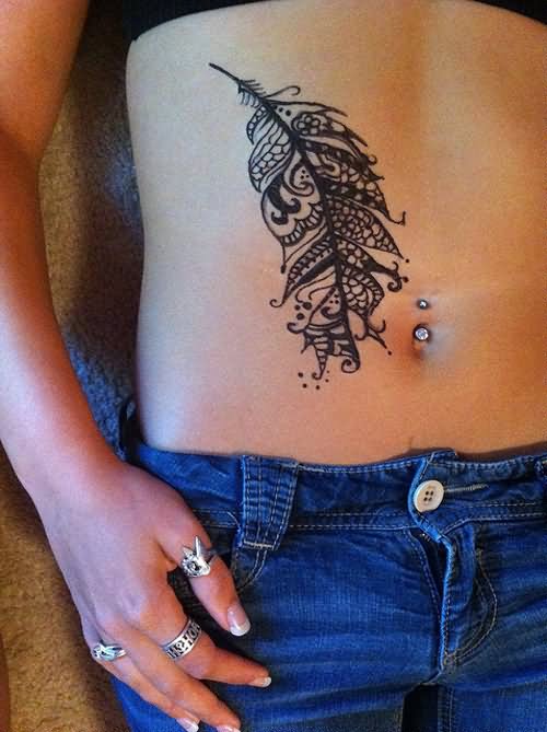Unique Feather Tattoo On Girl Stomach