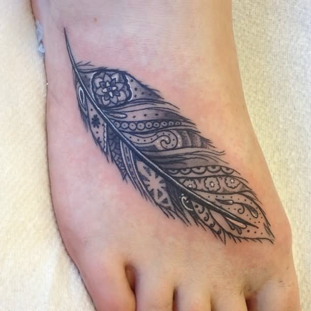 Unique Feather Tattoo On Right Foot