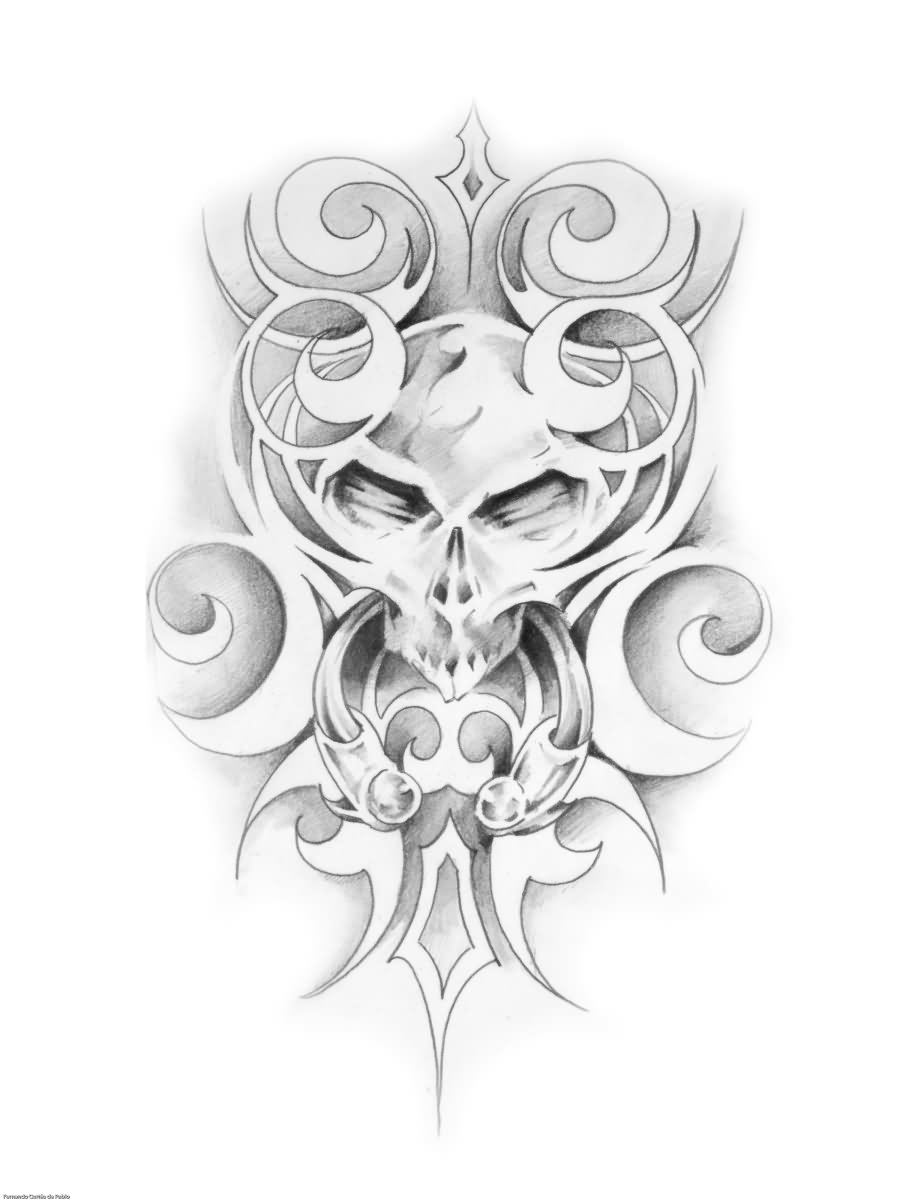 Unique Grey Ink Gothic Skull Tattoo Design
