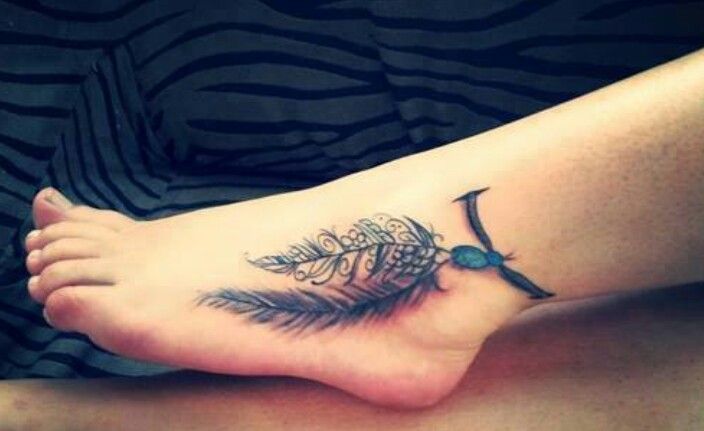 Unique Rosary Feather Tattoo On Left Foot