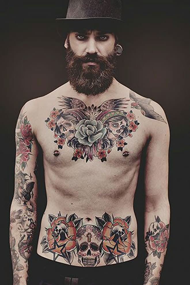 Unique Skull With Roses Tattoo On Man Stomach