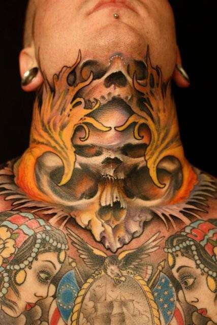 Unique Skulls Tattoo On Man Front Neck