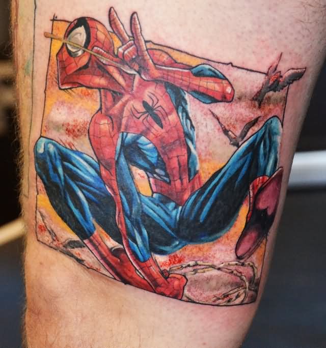 Unique Spiderman Tattoo On Leg