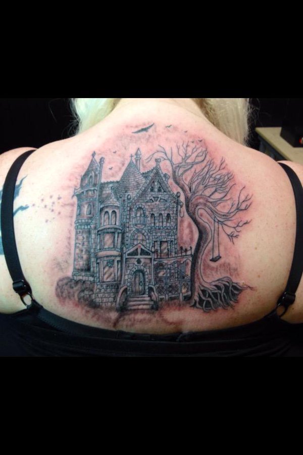 Upper Back Haunted House Tattoo For Girls