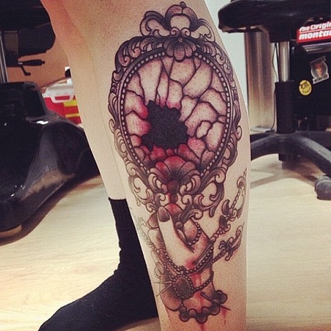 Vampire Mirror Tattoo On Left Leg
