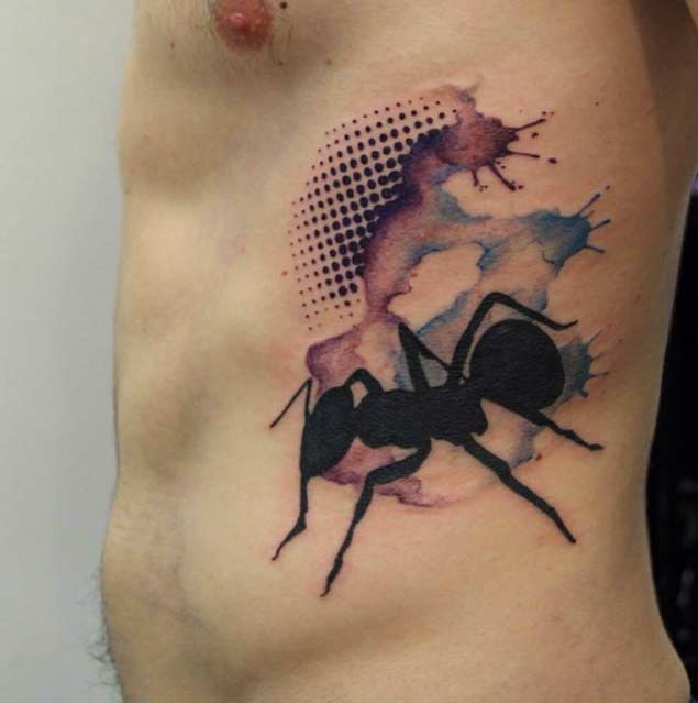 Watercolor Ant Tattoo On Side Rib