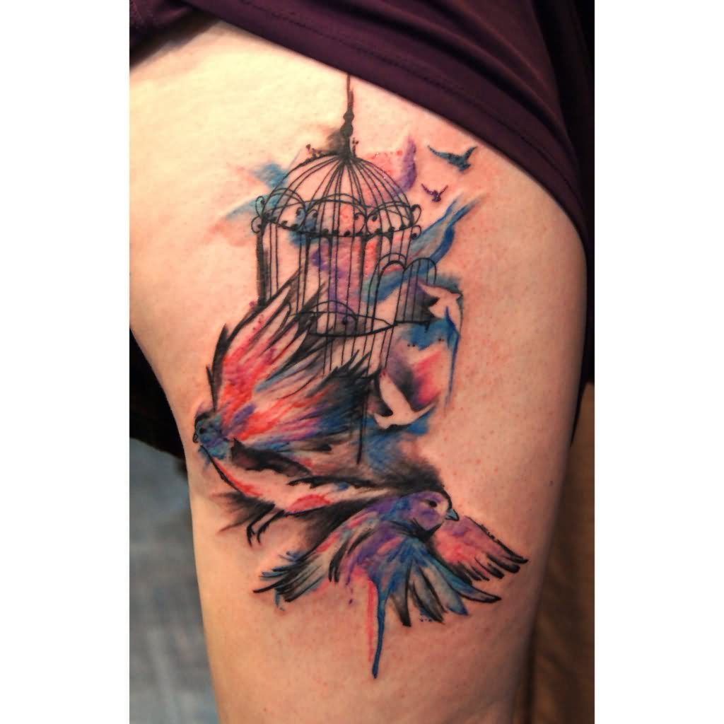 Watercolor Cage Tattoo On Girl Side Rib