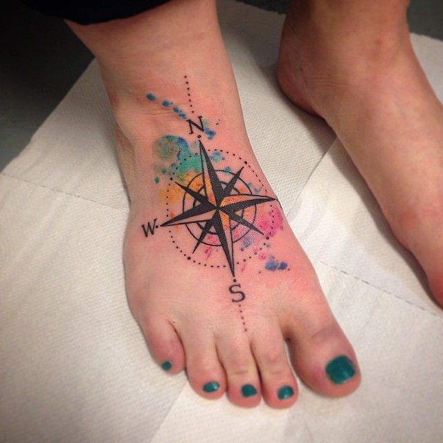 Watercolor Compass Tattoo On Girl Right Foot
