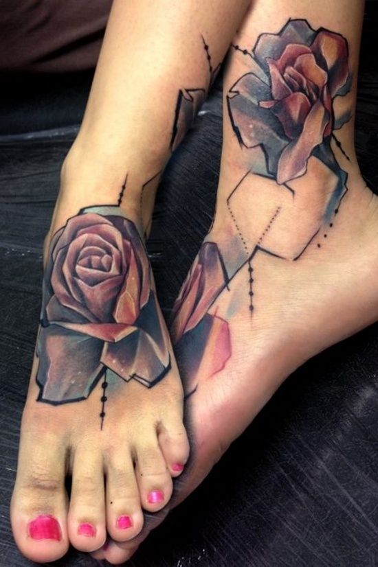 Watercolor Geometric Rose Tattoo On Girl Foot