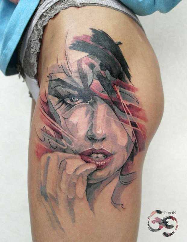 Watercolor Girl Head Tattoo On Side Thigh