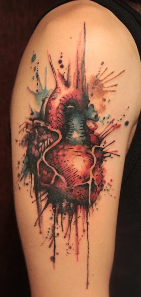 Watercolor Gothic Real Heart Tattoo On Right Half Sleeve By Gene Coffey