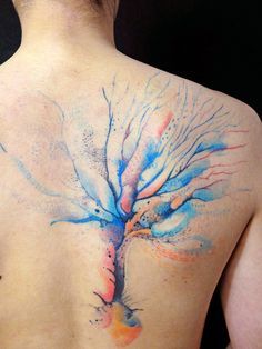 Watercolor Gothic Tree Without Leaves Tattoo On Man Right Back Shoulder