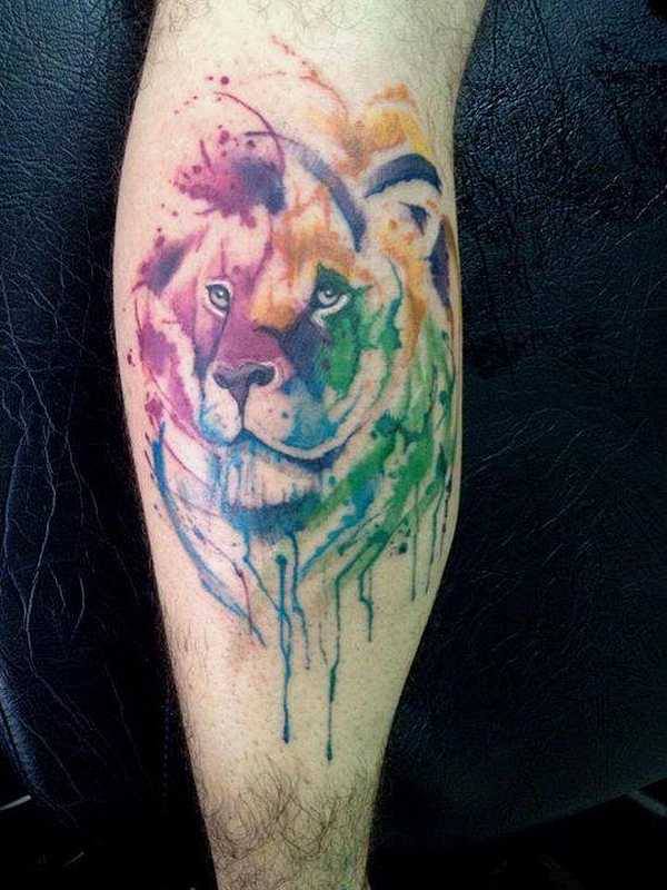 Watercolor Lion Head Tattoo On Leg