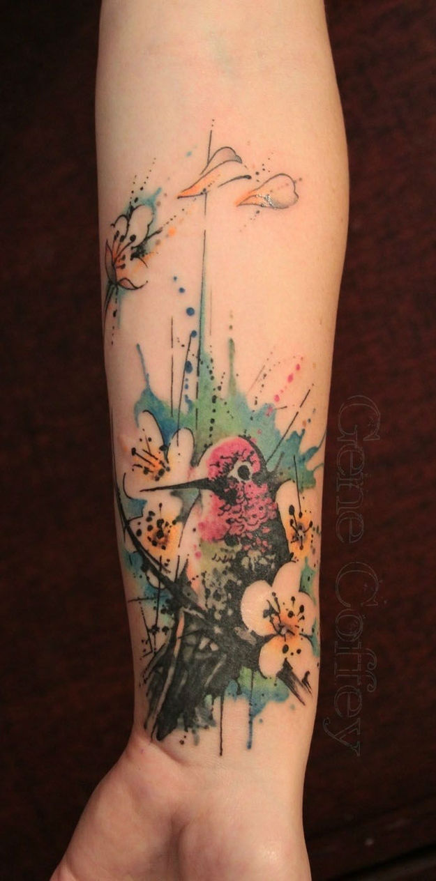 Watercolor Nature Bird With Flowers Tattoo On Wrist