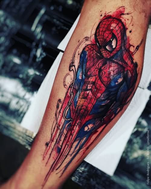 Watercolor Spiderman Tattoo On Leg