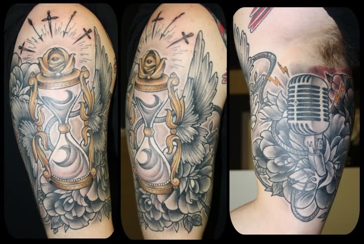 Winged Hourglass and Microphone Tattoo On Bicep