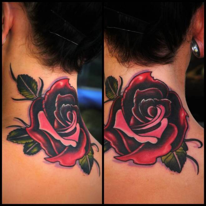 Wonderful Rose Tattoo On Back Neck