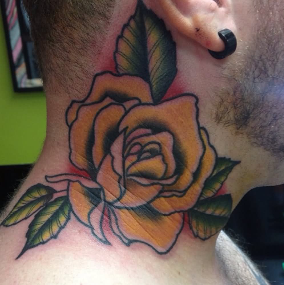 Yellow Rose Tattoo On Man Side Neck