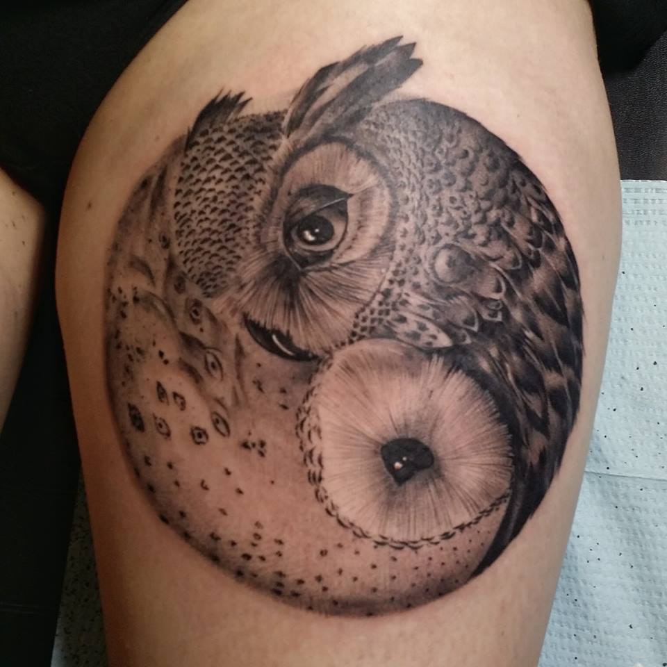 Yin Yang Owl Tattoo On Left Thigh by Daniel James Walker