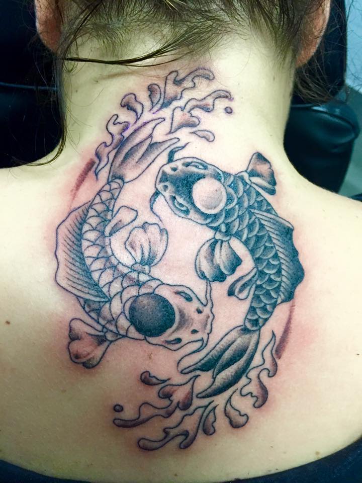 Yin Yang Pisces Tattoo On Upper Back by Fletch