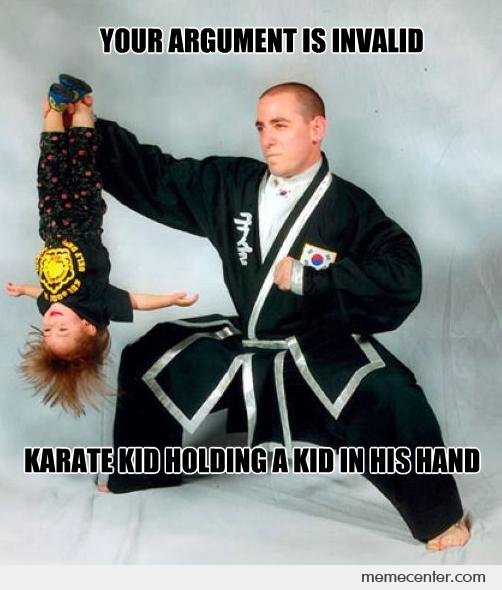 Your Argument Is Invalid Karate Kid Holding A Kid In His Hand Funny Karate Meme Picture