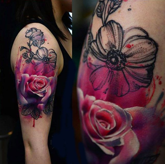 3D Abstract Flowers Tattoo On Girl Right Half Sleeve