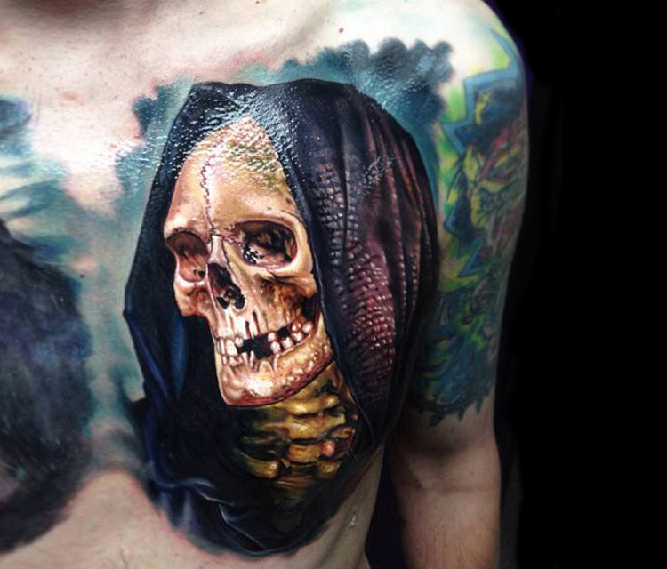 3D Horror Skull Tattoo On Man Chest