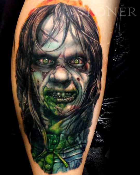 3D Horror Zombie Girl Face Tattoo Design For Leg Calf