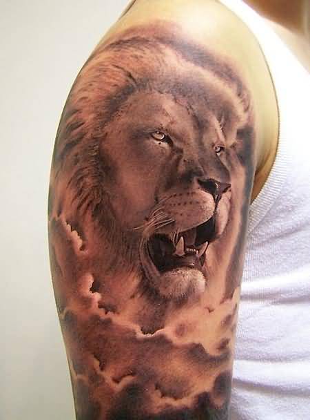 3D Lion Face With Clouds Tattoo On Right Half Sleeve