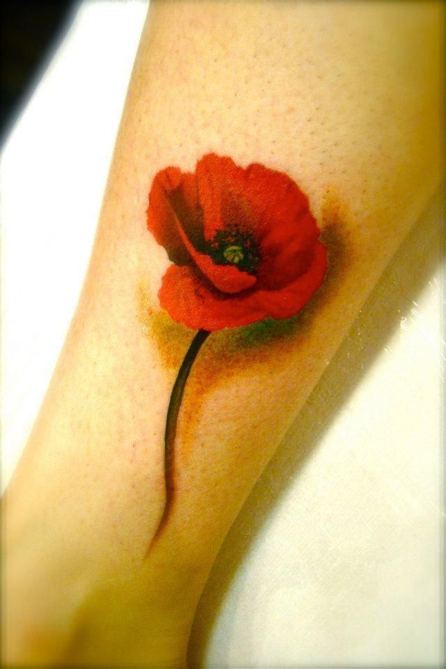 3D Poppy Flower Tattoo Design For Leg