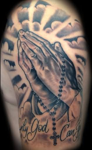 3D Praying Hands With Rosary Cross And Clouds Tattoo On Left Half Sleeve