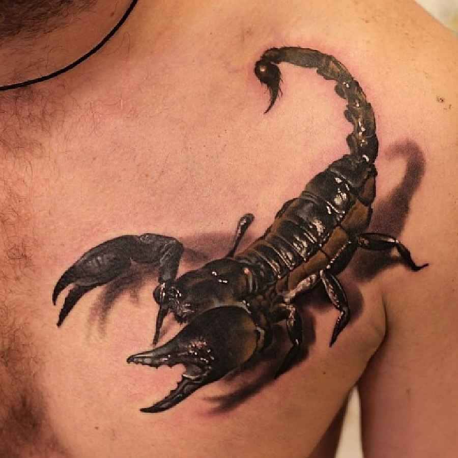 3D Scorpion Tattoo On Front Shoulder