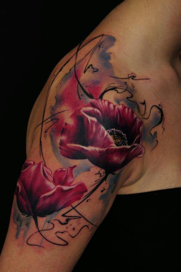 3D Watercolor Poppy Flowers Tattoo On Right Shoulder