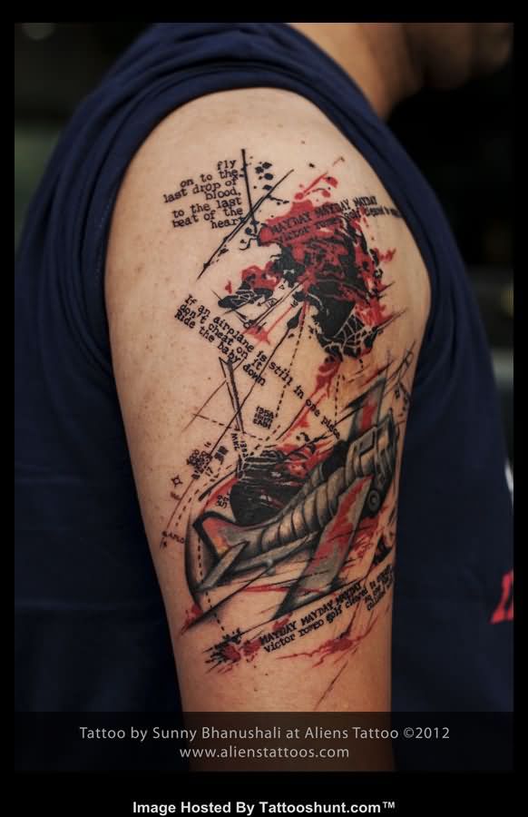 Abstract Airplane Tattoo On Right Half Sleeve