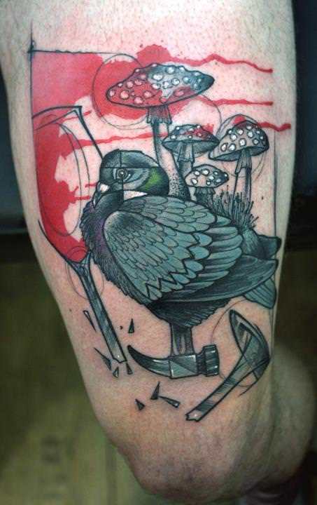 Abstract Bird With Mushroom Tattoo On Left Half Sleeve