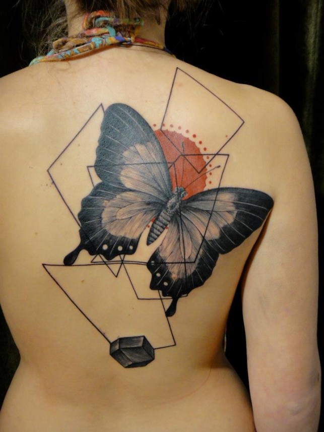 Abstract Butterfly Tattoo On Girl Right Back Shoulder