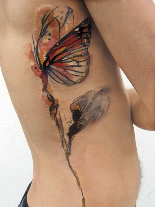 Abstract Butterfly Tattoo On Right Side Rib