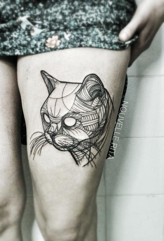 Abstract Cat Face Tattoo On Girl Thigh By Nouvelle Rita