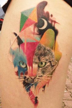 Abstract Cat Face With Kite Tattoo Design