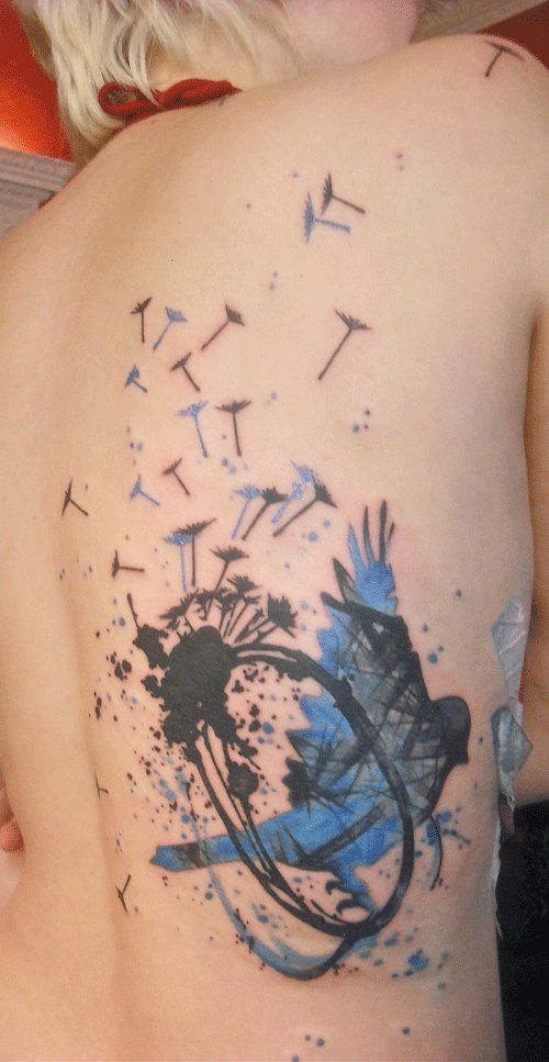 Abstract Dandelion With Bird Tattoo On Full Back