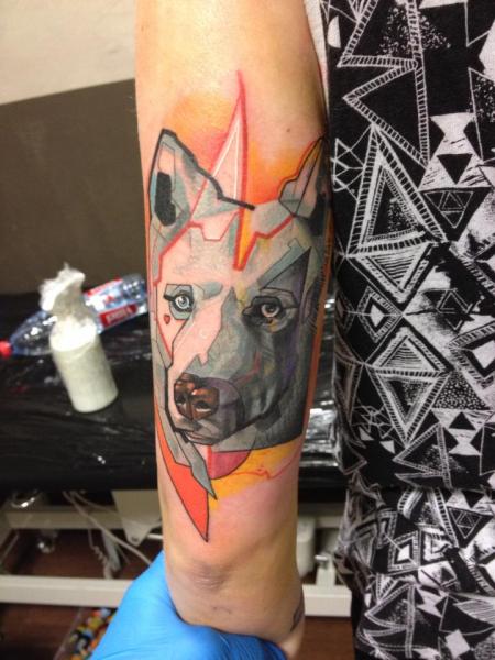 Abstract Dog Face Tattoo On Left Half Sleeve By Voller Kontrast