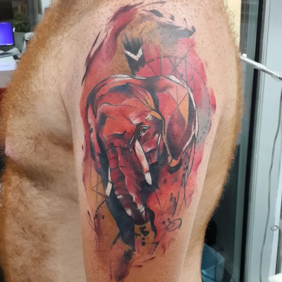 Abstract Elephant Tattoo On Left Shoulder by Engin Koc