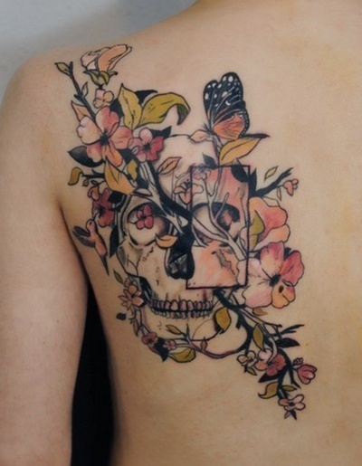 Abstract Flowers Skull Tattoo On Left Back Shoulder By Aleksandra Katsan