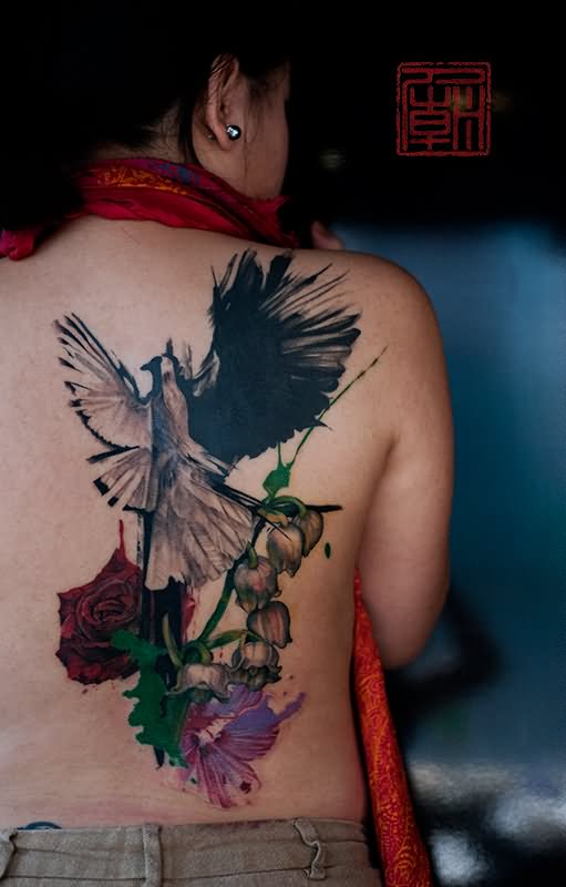 Abstract Flowers With Bird Tattoo On Girl Full Back