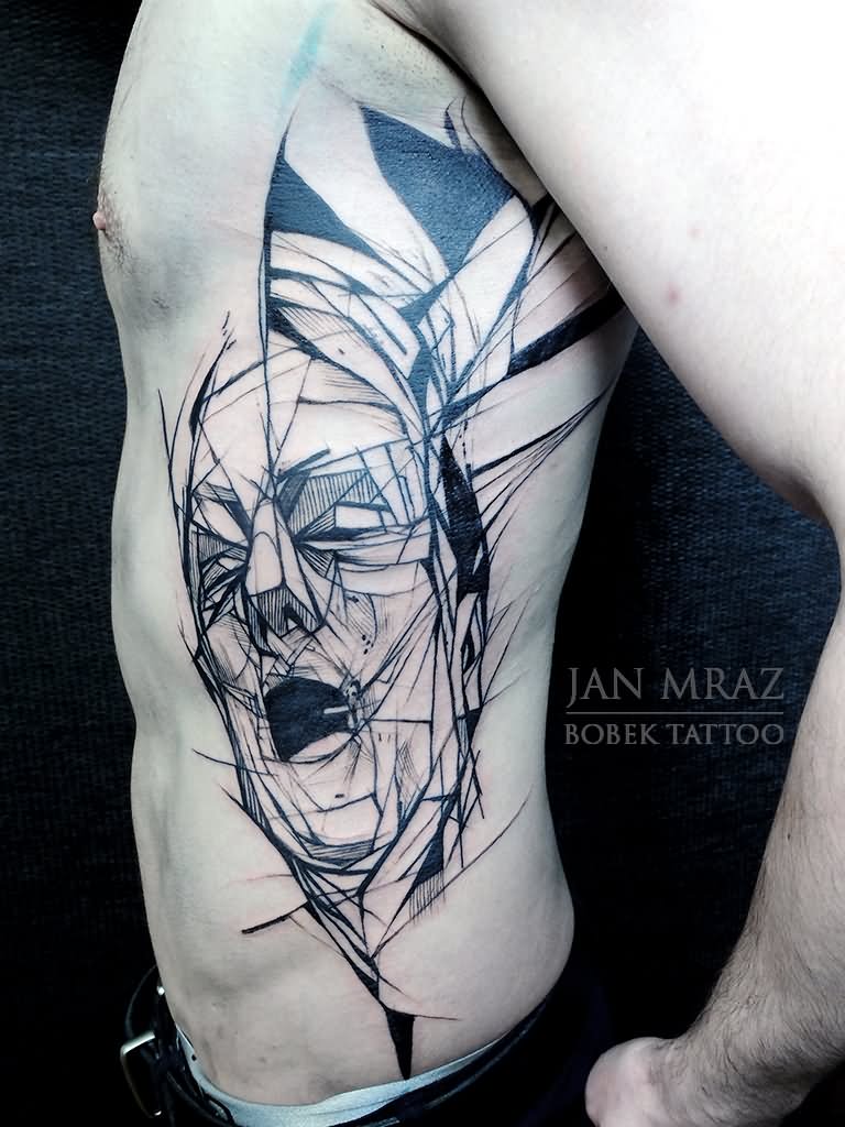 Abstract Geometric Man Face Tattoo On Man Side Rib By Jan Mraz