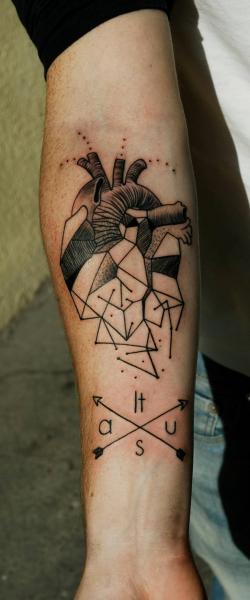 Abstract Geometric Real Heart Tattoo On Right Forearm