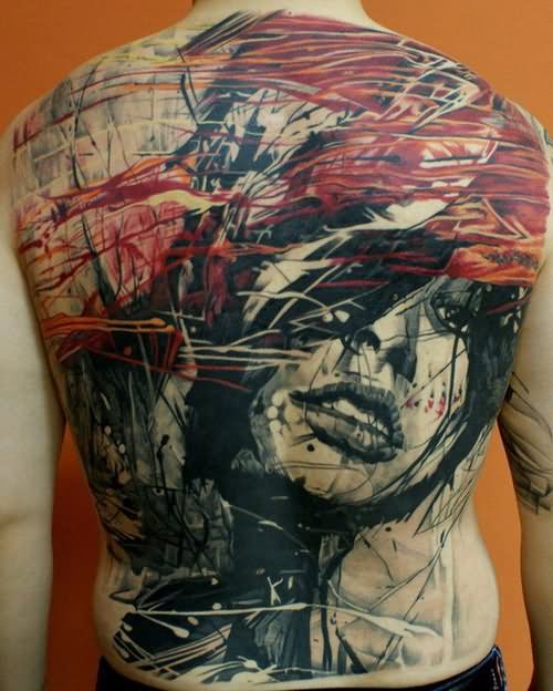 Abstract Girl Face Tattoo On Full Back By Sandor Pandora